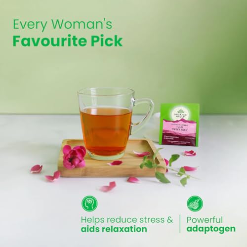 Image of A TATA Product - Organic India Tulsi Sweet Rose - 25 Tea Bags, Stress Relieving, Supports Radiant Skin, Rich in Antioxidants, Made with Tulsi, Chamomile, and Rose Certified Organic (Pack of 2)