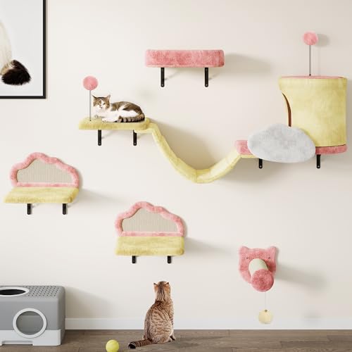 YITAHOME Kletterwand Katzen Set aus Flanell, 6-Teiliges Stabiler Katzenmöbel mit Katzenhaus, Katzenbett, Katzenhängebrücke, Sisalsäule,...