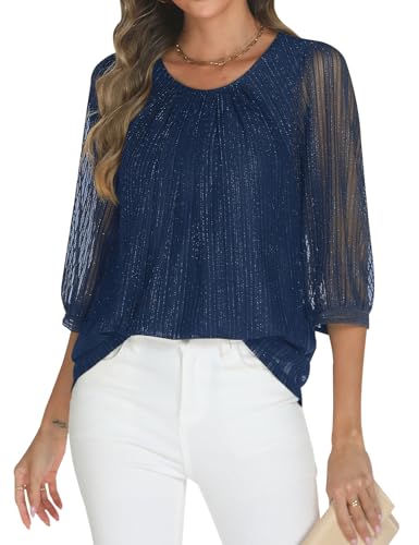 Relipop Womens 3/4 Sleeve Tops and Blouses Crew Neck Sparkly Sequin Top Elegant Loose Fit Blouses Sheer Mesh Pleated Layered Country Concert Outfits Dark Blue Medium