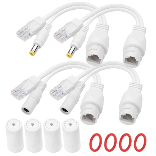 YACSEJAO 12V Passive PoE Injector and PoE Splitter Kit,2 Pair RJ45 Waterproof Passive Power Over Ethernet DC PoE Adapter Connector Cables(White)