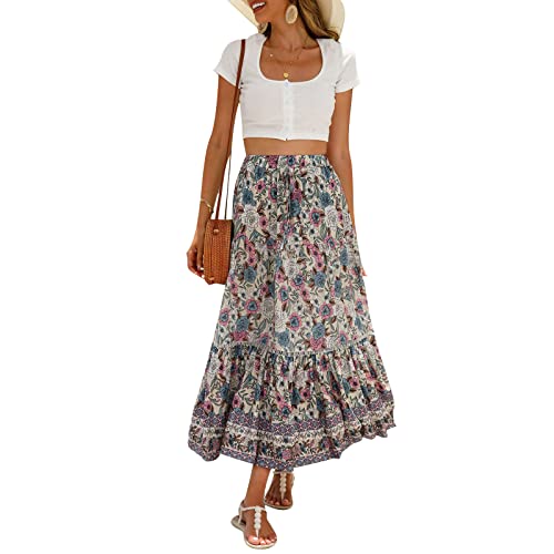 Women Casual Boho Long Skirt Vintage Floral Print Bohemian Style Half Dress Elastic Waist Flowy Swing Midi Skirt Summer Spring (Creamy White, XL) - Image 3
