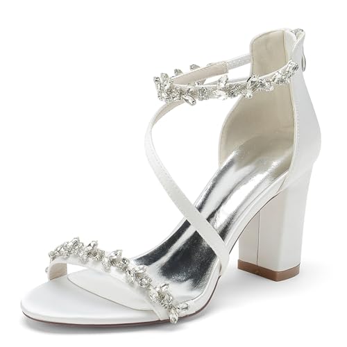 FQMAYPO Mujer Zapatos De Boda Tacón Bloque Grueso Cristal Strass Punta Abierta Noche De Graduación De Fiesta Correa Cruzada Pumps Boda con Cremallera Trasera Sandalias Tacón,Blanca,40 EU