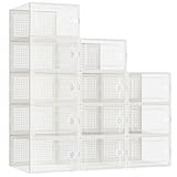Kuject Large Shoe Organizers Storage Boxes for Closet, 12 Pack Clear Plastic Stackable Storage Bins with Lids, Under Bed Shoe Containers for Entryway, Fit up to Women's Size 10,Black,Off-white