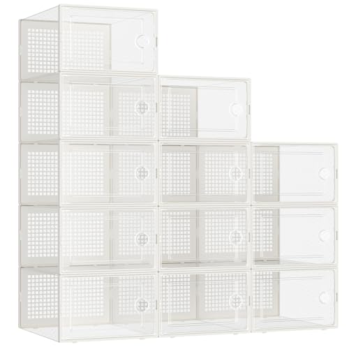 Kuject 12 Pack Large Shoe Boxes, Clear Stackable Containers with Lids,White by Kuject - Used condition - US$24.49
