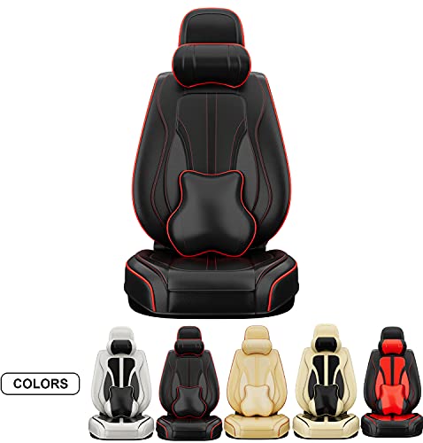 ASLONG 5PCS H7 Front and Back Car Seat Covers Auto Interior Accessories with Water Proof Nappa Leather for Cars SUV Pick-up Truck Universal Comfortable and Breathable (Full Set, Black&Red line)