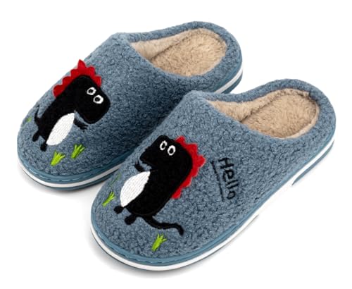 INMINPIN Zapatillas de Estar por Casa para Niñas Niños Caliente Pelusa Pantuflas de Invierno Lindo Zapatos Interior de Algodón con Dinosaurio de Dibujos Animados,Azul R,33/34 EU=Fabricante 35/36