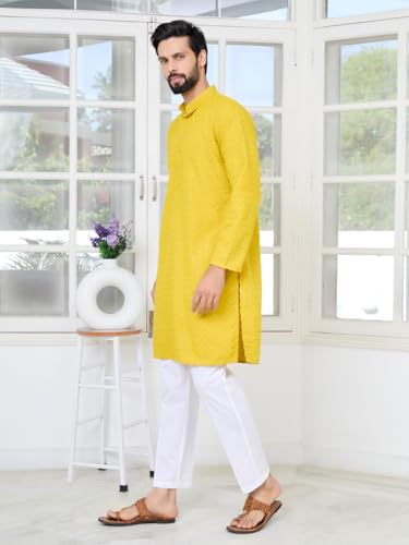 Image of See Designs Men's Full Sleeve Mandarin Collar Embroidered Thread Work Sequinned Rayon Straight Long Kurta - Festive Collection