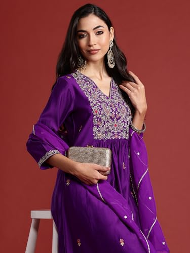 Image of INDO ERA Women's Viscose Embroidered A-Line Kurta and Pant with Dupatta Set (SHUTR6107)