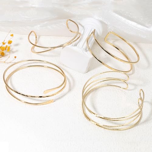 YVVLEE 4 Pieces Gold Arm Cuff Bracelets Set Jewelry Upper Coil Bangle Bracelets Adjustable Armband Set for Women 6