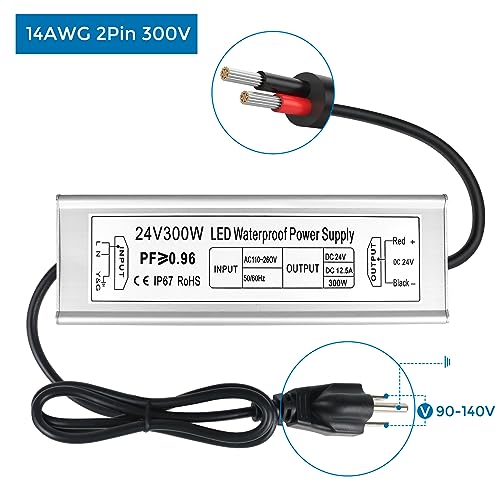 Image of LED Driver 300W 24V Power Supply, IP67 Waterproof Low Voltage Transformer, AC 110-260V to DC 24V 12.5A Converter for Outdoor Landscape Lighting, LED Strip Lights, 3-Prong Plug with 3.3FT Cable
