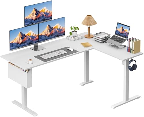 Image of Korfile L Shaped Electric Standing Desk,63 Inch Adjustable Height Sit to Stand Corner Desk with Memory Presets, Reversible Computer Table for Home Office, Work and Study, White