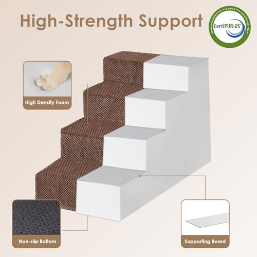 Image of EHEYCIGA Dog Stairs for Bed 20 inch H, 4-Step Extra Wide Dog Steps for High Bed, Pet Steps for Small Dogs and Cats, Non-Slip Balanced Pet Ramp Indoor, Brown