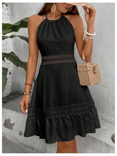 Image of Floerns Women's Contrast Lace Sleeveless Halter Dress Backless Vacation A Line Dress