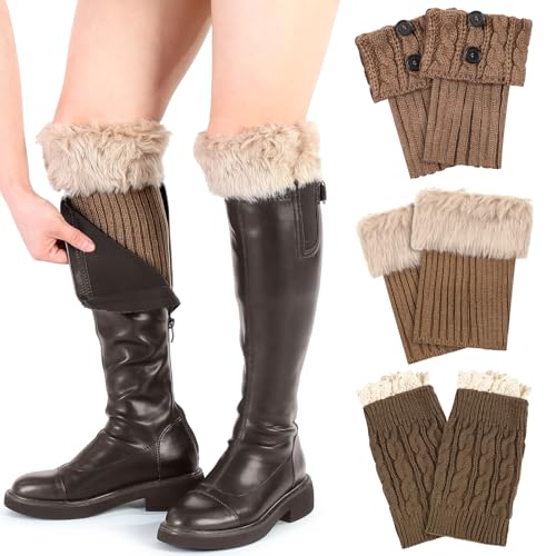 3 Pairs Winter Warm Boot Cuffs Leg Warmers Ankle Warmers for Women Short Boot Socks Crochet Knitted Furry Leg Warmers for Winter