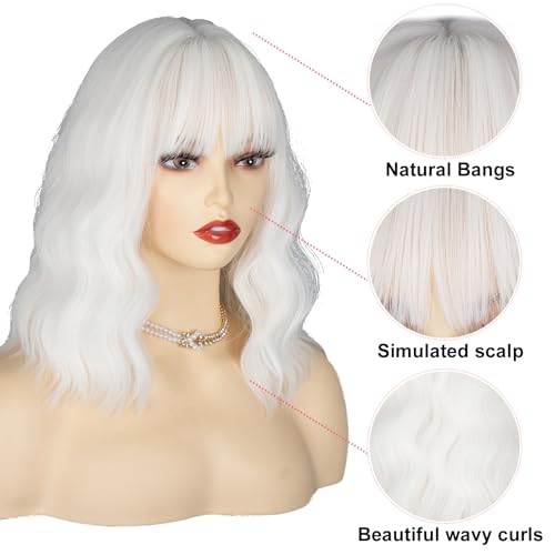 TIXBABY White Wig-White with Bangs Bob Wigs for Women Synthetic Heat Resistant Curly Shoulder Length Cosplay Wigs — view 3