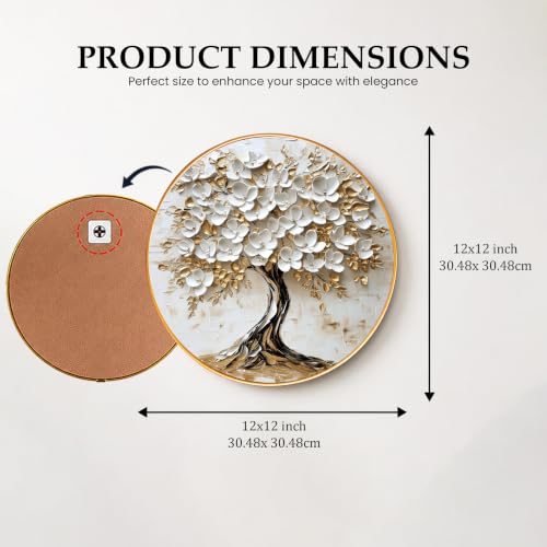 Image of PAINTINGMANTRA Tree of Life Wall Art Painting for Living Room, Floral White Flowers Painting with Round Frame for Home Bedroom and Office, 12 Inch