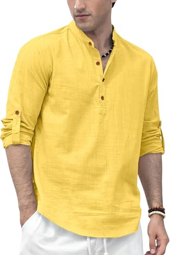 Image of Zombom Men's Solid Cotton Polyester Blend Straight Kurta Shirt, Regular Fit Full Sleeve Short Kurta Shirt
