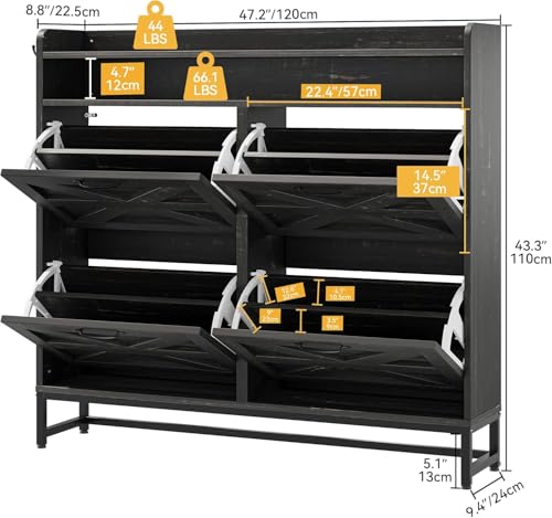 DWVO Dark Rustic Oak Farmhouse Storage Shoe Cabinet with 4-Tier Flip Shoe Storage Cabinet for 24 Pairs, Shoe Organizer with Metal Legs for Entryway, Living Room, Hallway