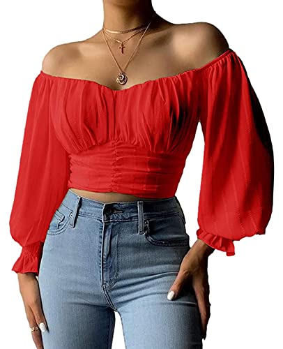 MIRACMODA Womens Elegant Off The Shoulder Puff Sleeve Blouse Summer Chiffon Slim Fit Party Crop Top Red