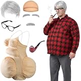 Mizelu 7 Pcs Halloween Fat Old Man Costume, Fake Belly and Chest Fat Suit Includes Pipe Faux Beard Eyebrows Wig Cap Glasses for Halloween Christmas Funny Cosplay Dress Up Party Stage Performance