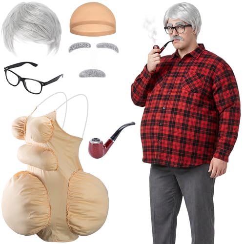 Mizelu 7 Pcs Halloween Fat Old Man Costume, Fake Belly and Chest Fat Suit Includes Pipe Faux Beard Eyebrows Wig Cap Glasses for Halloween Christmas Funny Cosplay Dress Up Party Stage Performance