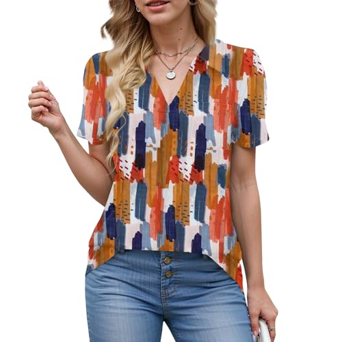 Floral Tops for Women 2025 Summer Collared V Neck Polo Golf Short Sleeve Shirts Cute Loose Funny Cotton Travel Comfy Printed Long Tunic Blouses with Pockets Womens Golf Shirt, Vermilion, XL