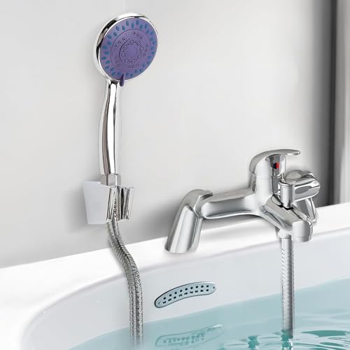 Rubinetto per Vasca da Bagno Monocomando con Soffione Doccia Supporto, Miscelatore Monocomando per Doccia in Ottone, Tubo Flessibile Acciaio Inox 150cm G1/2, Doccetta con 3 Funzioni, Cromo, Argento