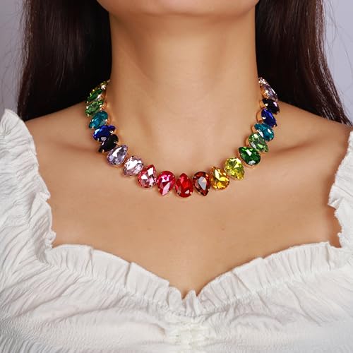 YERTTER Sparkle Colorful Full Rhinestone Choker Oval Crystal Chain Collar Stunning Boho Crystal Statement Clavicle Choker Necklace for Wedding Women Girls2