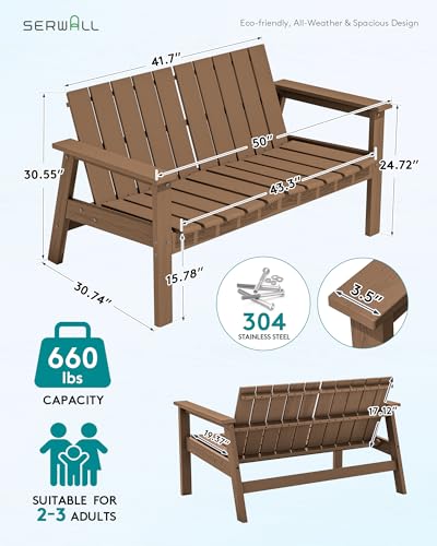 Image of SERWALL 2-Person HDPE All-Weather Outdoor Bench Set of 2, Brown