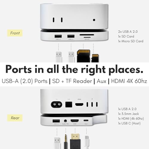 Macally Mac mini M4 Dock and Stand, Mac mini M4 Hub with NVMe/SATA SSD Enclosure, 4K HDMI 60hz, 3 USB A 10Gbps, USB C Data Port, SD Card Reader, 3.5mm Audio Jack