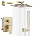JingGang Brushed Gold Shower System 10 Inch Bathroom Luxury Rain Mixer Shower Combo Set Wall Mounted Rainfall Shower Head and Handheld System Shower Faucet Rough-in Valve Body and Trim Included