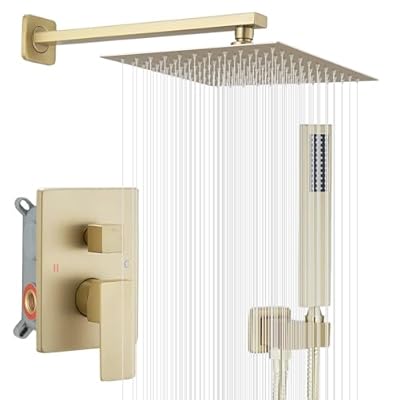 JingGang Brushed Gold Shower System 10 Inch Bathroom Luxury Rain Mixer Shower Combo Set Wall Mounted Rainfall Shower Head and Handheld System Shower Faucet Rough-in Valve Body and Trim Included
