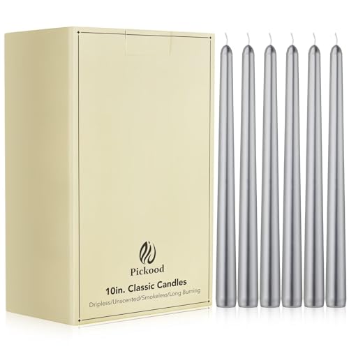 Pickood 10-Inch Tall Unscented Dripless Taper Candles Bulk 30 Pack - Silver Taper Candles Bulk, Perfect for Wedding, Dinner - Smokeless, 6-8 Hour Long Burning - Colored Candlesticks Bulk - Silver