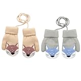 VEGCOO 2 Paar Kinder Gestrickt Handschuhe, Baby Winter Handschuhe, Cartoon Kinder Winter Handschuhe Fäustlinge, Warme Fleece-Gefütterte Handschuhe für 1-3 Jahre Mädchen Junge (Grau + Beige)
