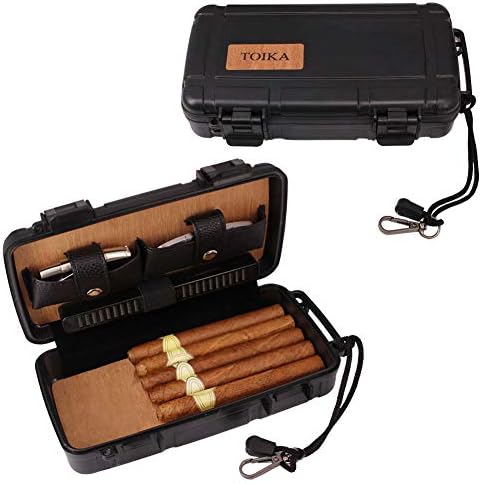 TOIKA Durable Travel Cigar Humidor Case with Cutter and Lighter Gift Set - Waterproof, Airtight ,Rugged, Crushproof -Holds up to 5 Cigars (Black)