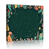 ダークグリーンクリスマスキャンバスウォールアートクリスマスリース要素ホリデー装飾フレームアートワークプリントリビングルーム70x70cmインナーフレーム