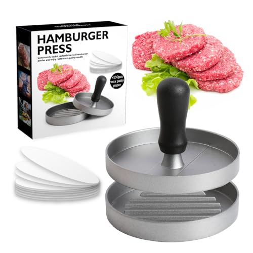 CORJEEJOR Prensa de hamburguesas con 100 hamburguesas antiadherentes de papel encerado, hamburguesas de aleación de aluminio de grado alimenticio con mango de ABS, hamburguesa de prensa de 4.5