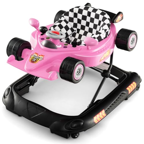 DREAMADE Lauflernwagen Klappbar, Rennauto-Motiv Lauflernhilfe mit 3 Einstellbaren Höhen, Abnehmbarem Musiktablett & Sitz, Gehhilfe für Baby von 6-14 Monaten (Pink)