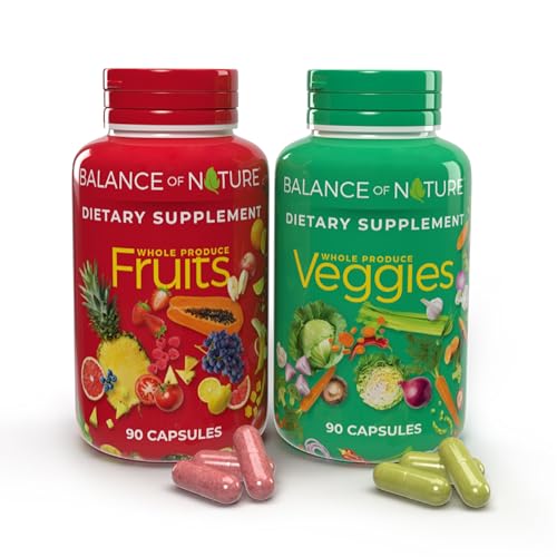 Balance of Nature Fruits and Veggies Supplements – Whole Fruit and Vegetable Ingredients for Women, Men, and Kids – 90 Fruit Capsules, 90 Veggie Capsules – 1 Set