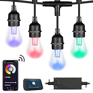 XMCOSY+ Outdoor String Lights, Smart 49Ft Patio Lights RGB, App & WiFi Control Color Changing LED String Lights with Dimmable 15 LED Bulbs, Works with Alexa, IP65 Waterproof, Shatterproof