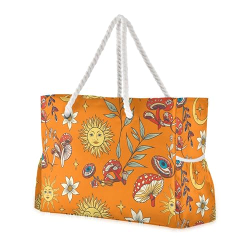 Sun Mushroom Flowers Orange Beach Tote Bag for Women Beach Bags Waterproof Swim Pool Bag Extra Large Travel Tote Bags with Zipper for Yoga Gym Women Vacation Essentials Nurse