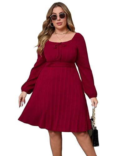 Image of KOJOOIN Womens Plus Size Sweater Knit Dress Square Neck Long Sleeves Tie Front Casual Midi Pullover Fall Dress with Pockets