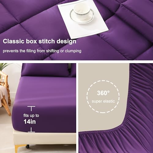 DOWNCOOL Queen Comforter Set, 7Pcs Bedding Sets Queen Dark Purple, All Season Down Alternative Bed in a Bag Queen with Comforter, Flat Sheet, Fitted Sheet, 2 Pillow Shams & 2 Pillowcases
