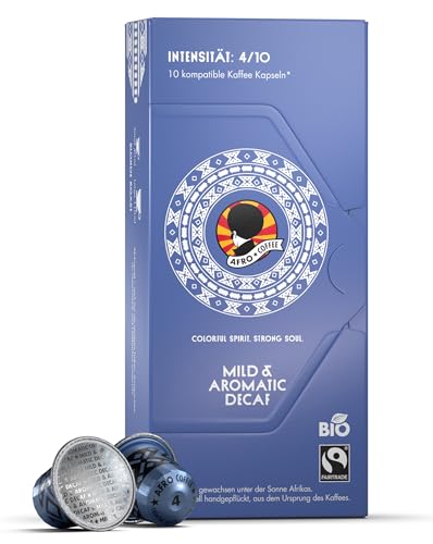 AFRO COFFEE Mild & Aromatic Decaf Bio I 10 Premium Kaffee Kapseln Fairtrade I Arabica entkoffeiniert I kompatible Kaffeekapseln I Ostafrika I mittel geröstet & säurearm