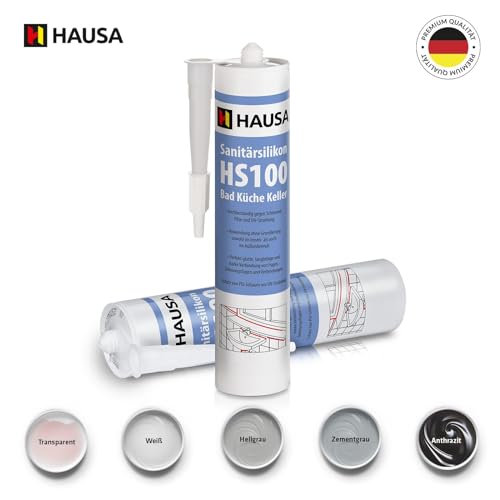 HAUSA Sanitär-Silikon HS100 Weiß 310ml hochelastische Fugendichtmasse für Bad Dusche Küche schimmelresistenter wasserdichter Acetat Silikon-Dichtstoff in Kartusche zum Abdichten Verfugen