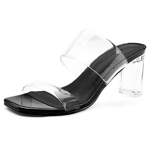 Image of mysoft Women's Clear Heels Square Toe Chunky Block Heel Sandals | 3 Inch Block Heel, Two Clear Straps, Slip On, Square Open Toe, Comfortable, Lightweight, Daily Walking, Party, Summer Dressy