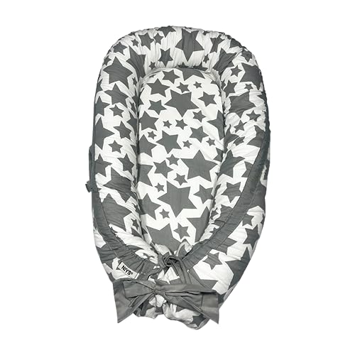 NIYS Adjustable Baby Lounger -Breathable Co Sleeping Bed-Infant Bassinet for Bed & Baby Nests-Portable, Soft, Durable and Machine Washable - Perfect Shower Gift(Grey Stars)