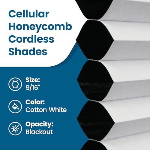 BlindsAvenue Cellular Honeycomb Cordless Shade, 9/16" Single Cell, Blackout, Cotton White, Size: 45.5" W x 72" H