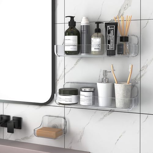 TZAMLI Shower Caddy With Soap Dish, Adhesive Organizer Plastic Shelf Wall Mounted for Bathroom Storage (Clear, 3 Pack) - Image 4