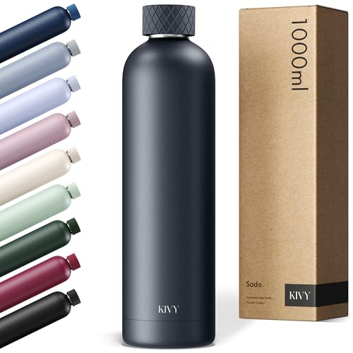 KIVY Isolierte Trinkflasche 1l Edelstahl - Auslaufsichere Thermosflasche 1l - Kohlensäure geeignet - Trinkflasche isoliert - Metall Flasche Edelstahl - Wasserflasche Schwarz - Doppelwandig